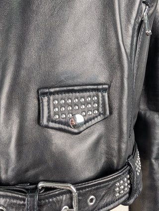 Black Leather Biker Jacket with Silver Studded Collar and Belt