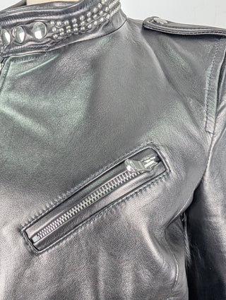 Black Leather Biker Jacket with Silver Studded Collar and Belt