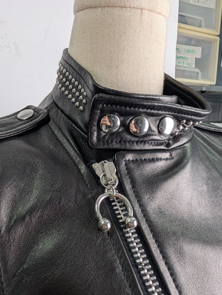 Black Leather Biker Jacket with Silver Studded Collar and Belt