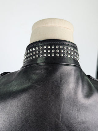 Black Leather Biker Jacket with Silver Studded Collar and Belt