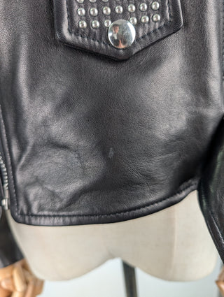 Black Leather Biker Jacket with Silver Studded Collar and Belt