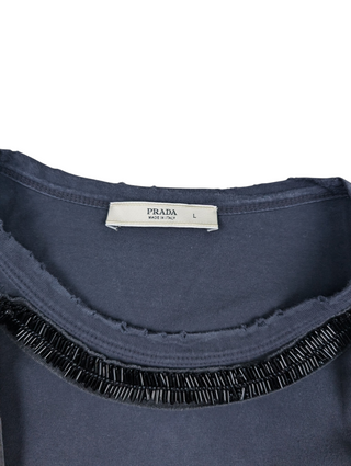 Navy Long Tee With Black Embellised Front Neckline