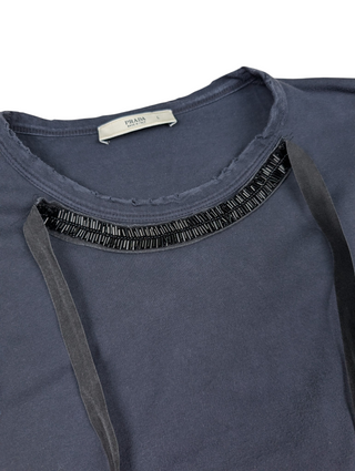 Navy Long Tee With Black Embellised Front Neckline