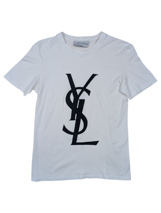 White Tee With Black Flossed Velvety "YSL" Logo