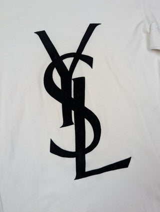 White Tee With Black Flossed Velvety "YSL" Logo