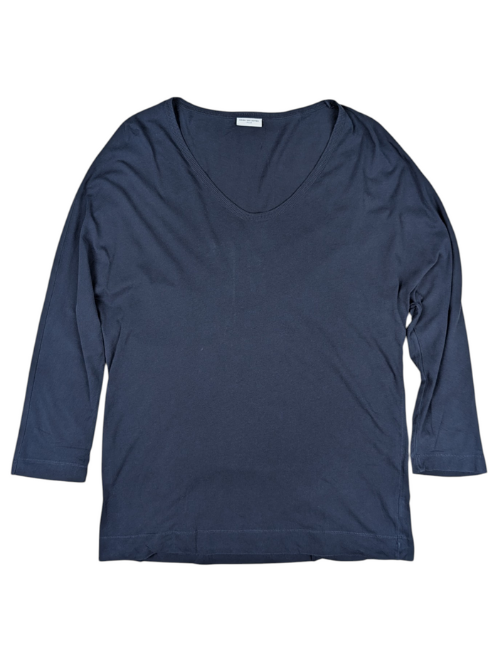 Navy V-Neck Long Tee With Ribbed Neckline