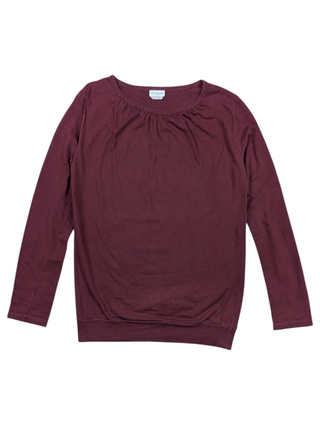 Burgundy Long Tee With Pleated Front Neckline
