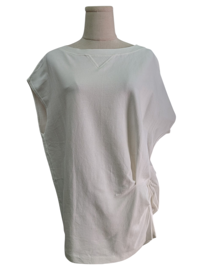White Round-Neck Cotton Top With Pleated Waist Detail On One Side