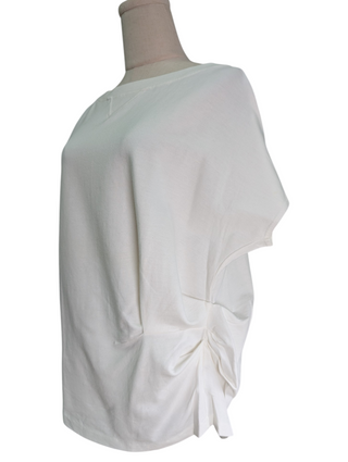 White Round-Neck Cotton Top With Pleated Waist Detail On One Side