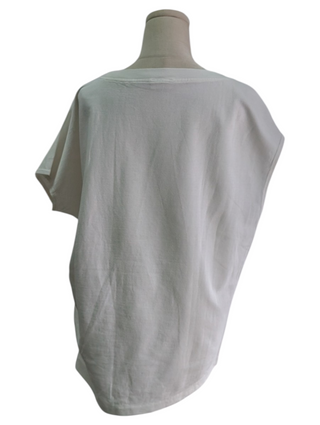 White Round-Neck Cotton Top With Pleated Waist Detail On One Side
