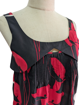 Black Silk Sleeveless Top With Overall Print