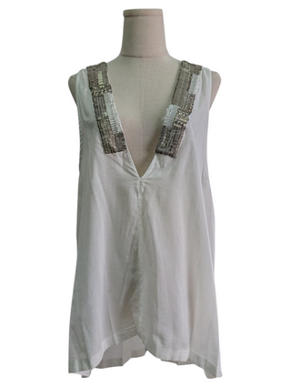 White Cotton Tunic Top With Metallic Ethnic Embellishment