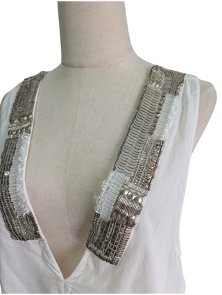 White Cotton Tunic Top With Metallic Ethnic Embellishment
