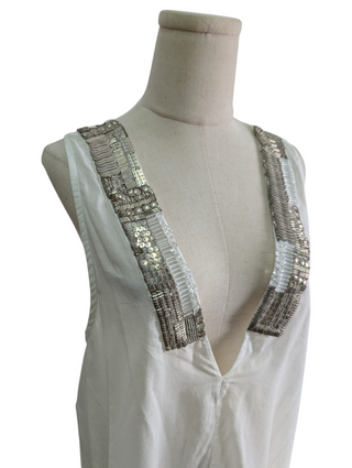 White Cotton Tunic Top With Metallic Ethnic Embellishment