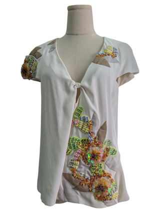 White Silk Cap-Sleeves Top With Embellishments