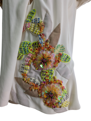 White Silk Cap-Sleeves Top With Embellishments