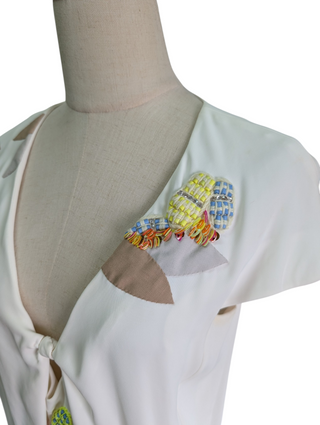 White Silk Cap-Sleeves Top With Embellishments