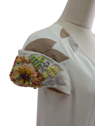 White Silk Cap-Sleeves Top With Embellishments