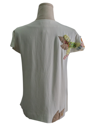 White Silk Cap-Sleeves Top With Embellishments