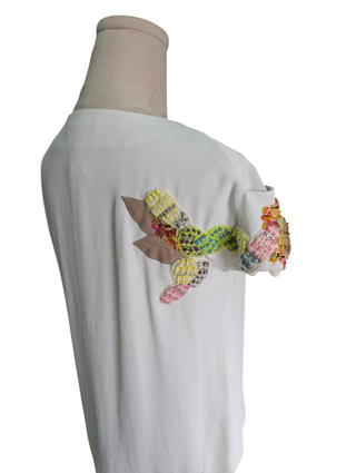 White Silk Cap-Sleeves Top With Embellishments
