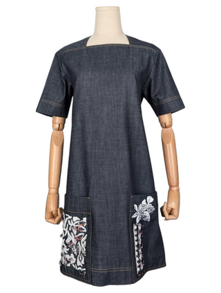 Blue Denim Floral Embellished Short Sleeve Dress