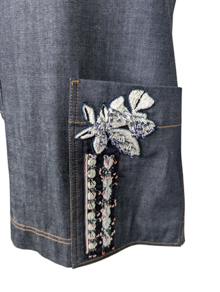 Blue Denim Floral Embellished Short Sleeve Dress