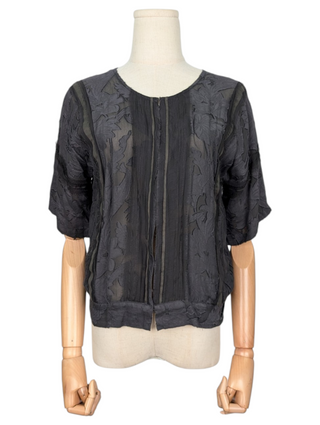 Navy Blue And Black Mesh See-Through Floral Print Cardigan