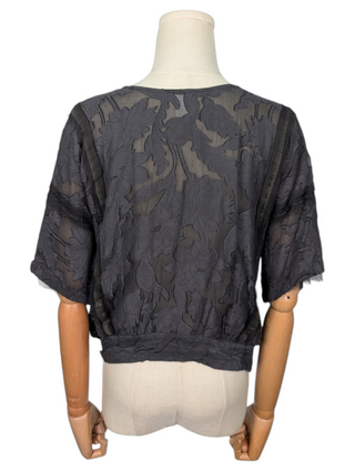 Navy Blue And Black Mesh See-Through Floral Print Cardigan