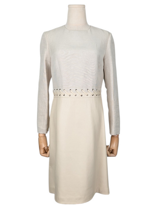 Beige Linen 1960s Style Dress With Leather Skirt