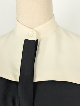 Black And Beige Button Up Silk Sleeveless Shirt
