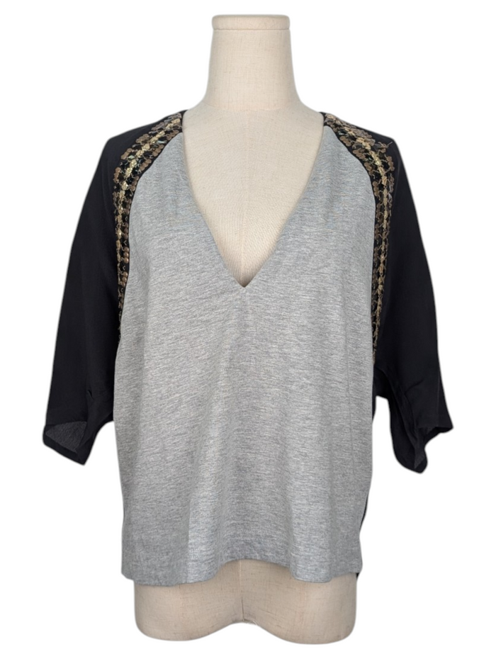 Black And Grey Deep V Top With Jewels