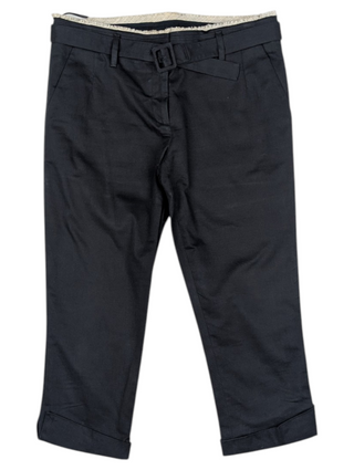 Navy Cotton Capri Pants With Frayed Fabric At Waistline