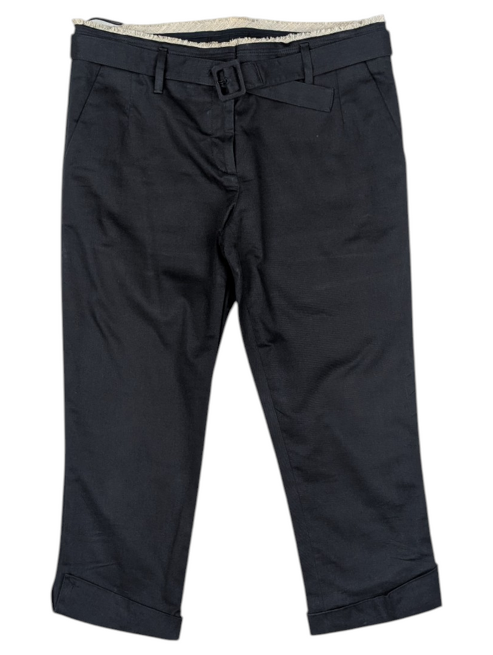 Navy Cotton Capri Pants With Frayed Fabric At Waistline