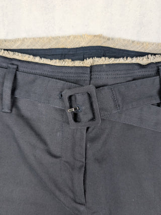 Navy Cotton Capri Pants With Frayed Fabric At Waistline