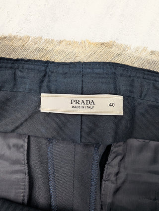 Navy Cotton Capri Pants With Frayed Fabric At Waistline