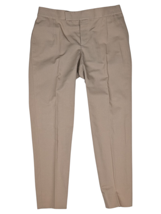 Beige Cotton And Linen Pants With Metal Clasp Closure And Slight Elastic Band At The Back