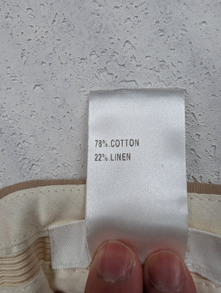 Beige Cotton And Linen Pants With Metal Clasp Closure And Slight Elastic Band At The Back