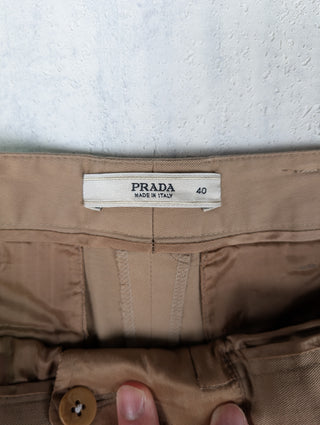 Beige Cotton Twill Pants With Branded Silver Metal Clasp Closure