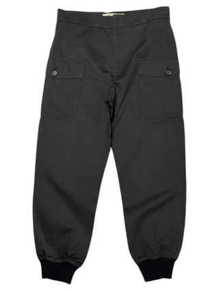Dark Olive Cotton Pants With Black Ribbed Cotton Ends And Hook-Loop Fastener
