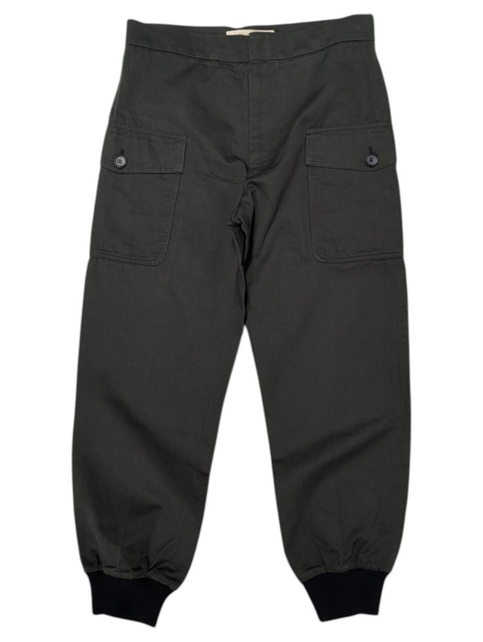 Dark Olive Cotton Pants With Black Ribbed Cotton Ends And Hook-Loop Fastener