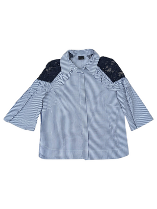White And Blue Striped Cropped Shirt With Floral Pattern Net Shoulders