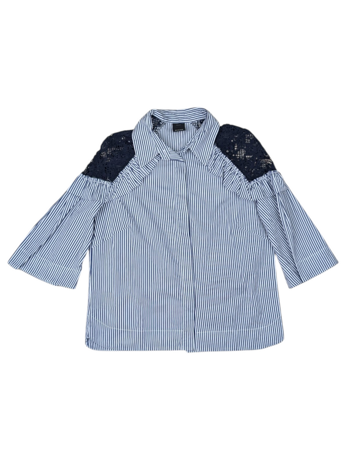 White And Blue Striped Cropped Shirt With Floral Pattern Net Shoulders