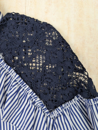 White And Blue Striped Cropped Shirt With Floral Pattern Net Shoulders
