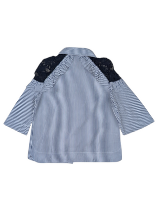 White And Blue Striped Cropped Shirt With Floral Pattern Net Shoulders