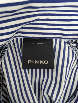 White And Blue Striped Cropped Shirt With Floral Pattern Net Shoulders