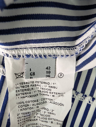 White And Blue Striped Cropped Shirt With Floral Pattern Net Shoulders