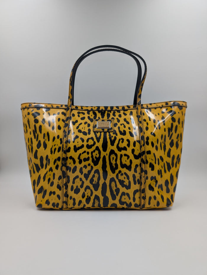 Yellow Leopard Print Leather Tote Bag