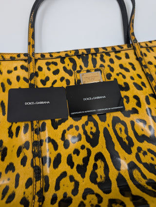 Yellow Leopard Print Leather Tote Bag
