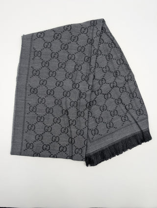 Grey Monogram Wool Scarf With Frayed Ends