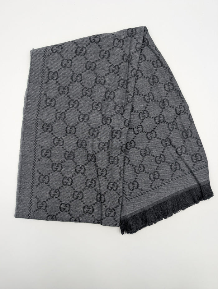 Grey Monogram Wool Scarf With Frayed Ends